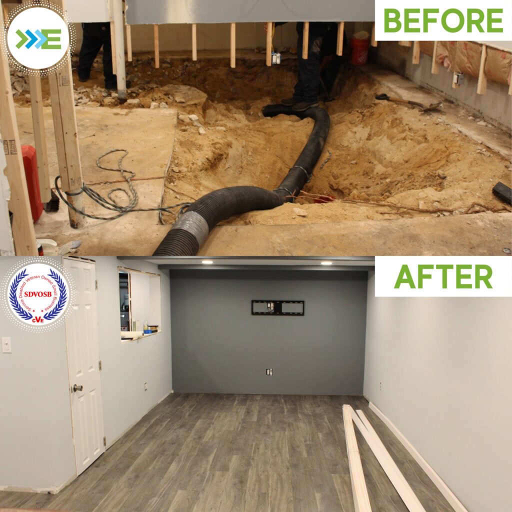 Basement oil spill cleanup before and after