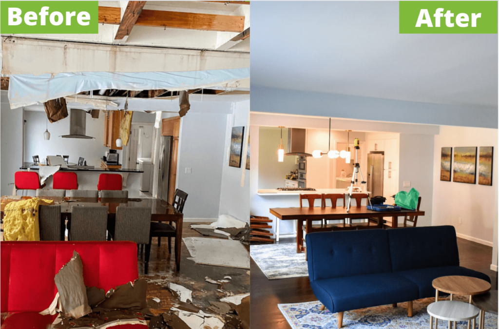 Before and after water damage remediation
